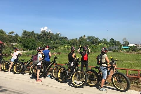Halvdags elcykel Landsbygd och risfält (platt mark, GUIDAD)
