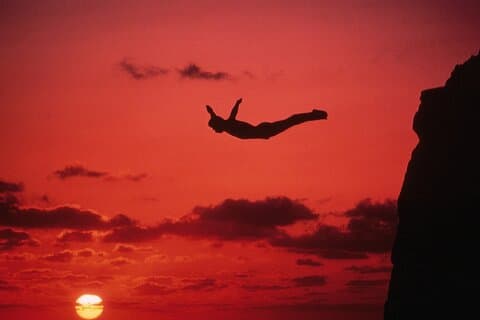 Verschillende versies van zonsondergang in "La Quebrada" High Cliff Divers