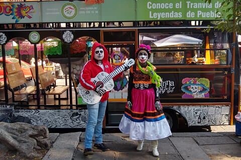 Day of the Dead Tram on a double decker bus