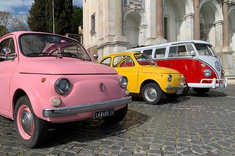 Privétour van 2,5 uur in Rome in een klassieke Fiat 500 cabriolet.