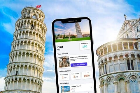 Jogo de exploração de Pisa e passeio pela cidade no seu telefone