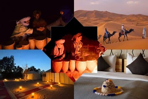 Erg Chebbi Noche en tienda calentada con paseo en camello y sandboard
