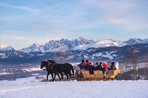 Desde Cracovia; carruaje tirado por caballos con una hoguera asando salchichas