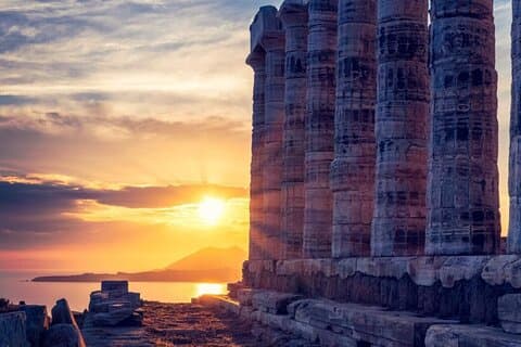 Oude Korinthe en Zonsondergang bij Tempel van Poseidon Kaap Sounio