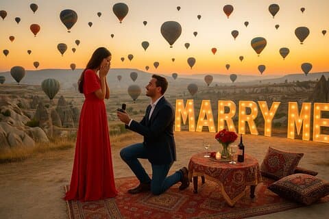 Huwelijksaanzoek in Cappadocië met Ballonnen Huwelijksconcept