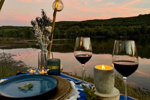 Cena de picnic Boho Chic con vistas al agua