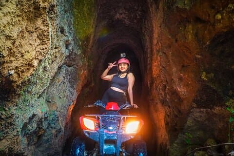 ATV Quad Bike Kuber Through Waterfall, Tunnel And Rice Field