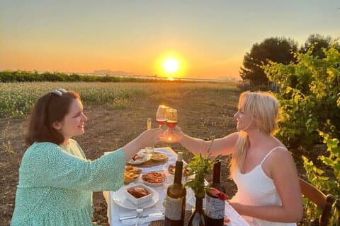 Picnic al atardecer entre los viñedos en Marsala