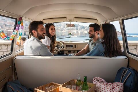 Genoa panoramic in Volkswagen hippie with wine
