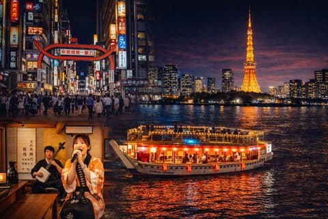 Tokyo Night Tour&Yakatabune Cruise,Sukiyaki,Shamisen&Tokyo Tower