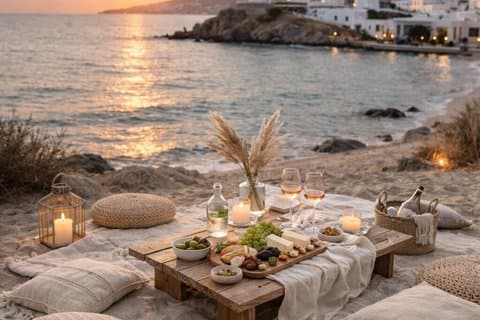 Esperienza picnic al tramonto a Mykonos con vino e viste