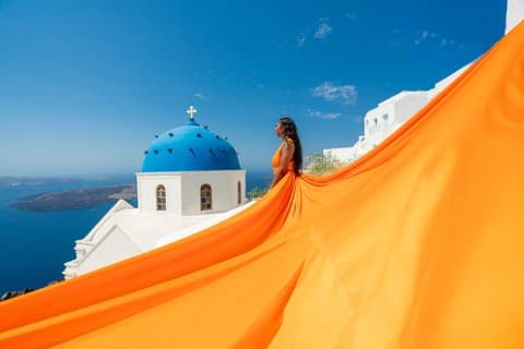 Santorin Robe Volante Photoshoot-Vidéo par un Pro & Transport