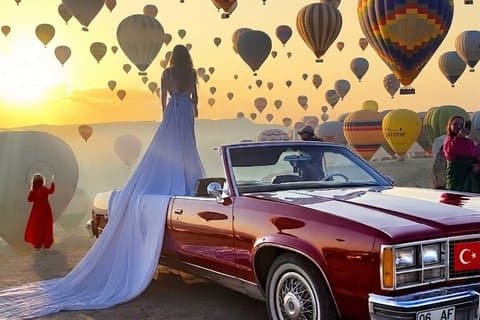 Giro in mongolfiera all'alba e tour in auto classica in Cappadocia