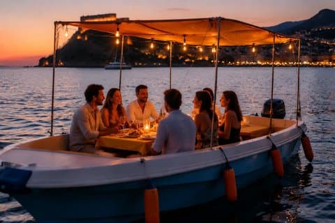 Dîner sur un bateau avec vue sur le coucher de soleil, que des bonnes ondes !
