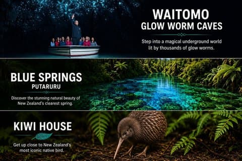 Auckland to Waitomo Glowworms, Kiwi House & Blue Springs Day Tour