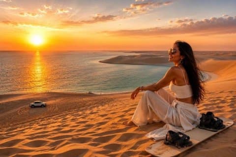 Sunset & sunrise Desert Safari with Sandboarding and Camel Ride