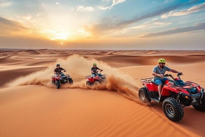 VIP sunset View Dubai desert Safari camel Ride with quad bike