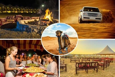 Safari nel deserto di un'intera giornata con accesso al campo, cena a buffet e giro in cammello