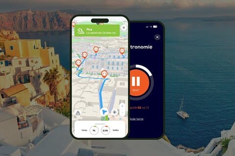 Fira: tour a piedi audioguidato di 1 ora con 16 commenti audio